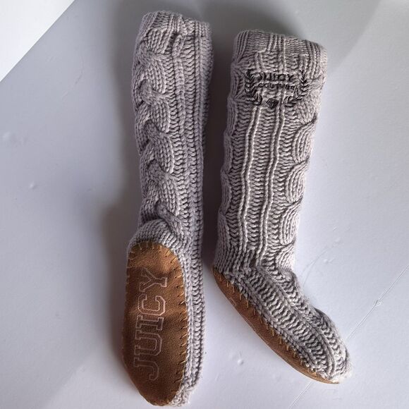 Juicy Couture Womens Cable Knit Knee‎ High Slippers Sock Lavender Leather Sole - Picture 2 of 8